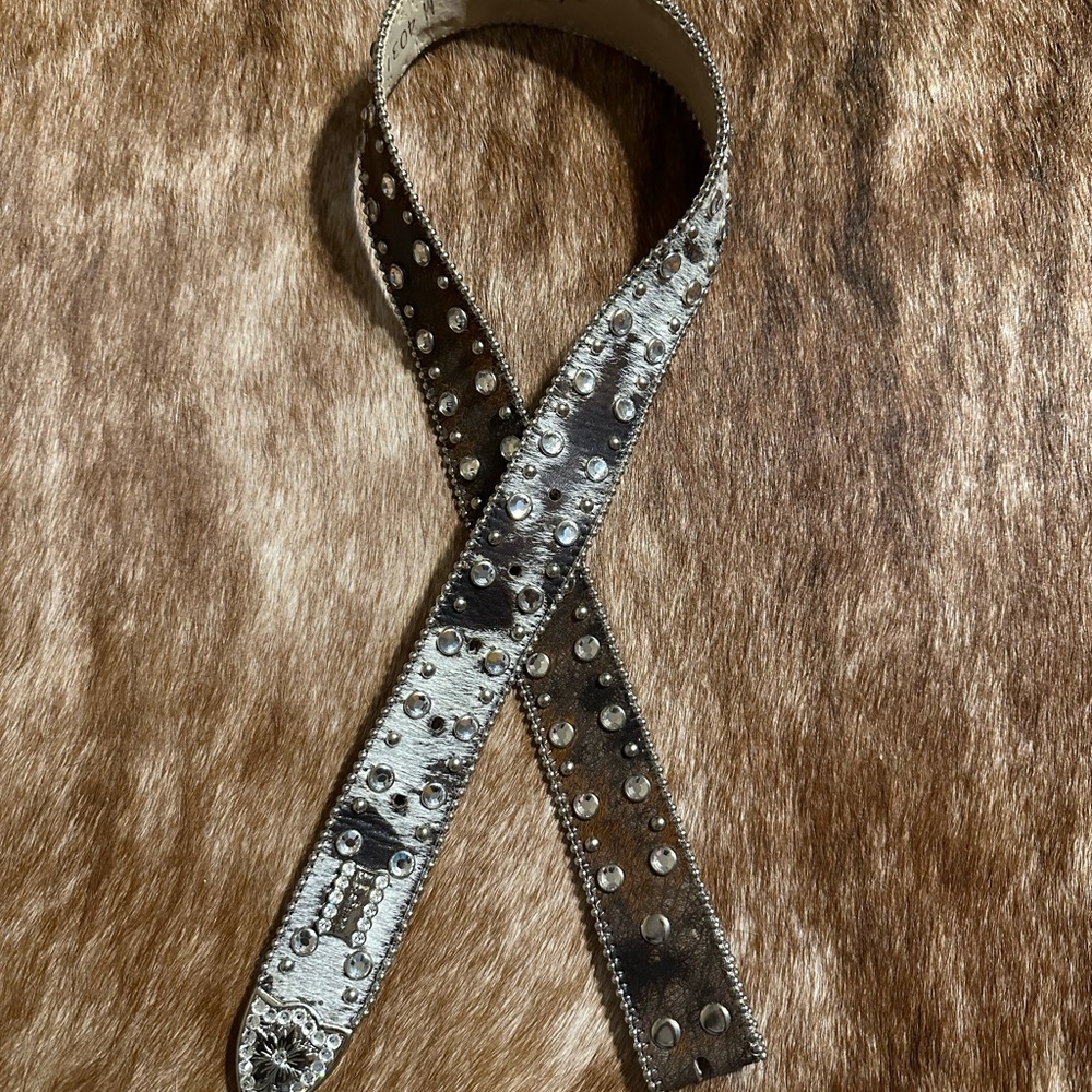 BB Simon Hair on Crystal Studded Leather Belt - Size M